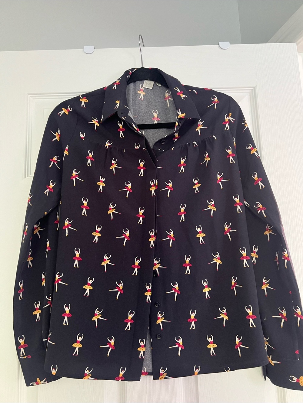 Simons Twik Black Blouse with Pink and Yellow Ballerina Print